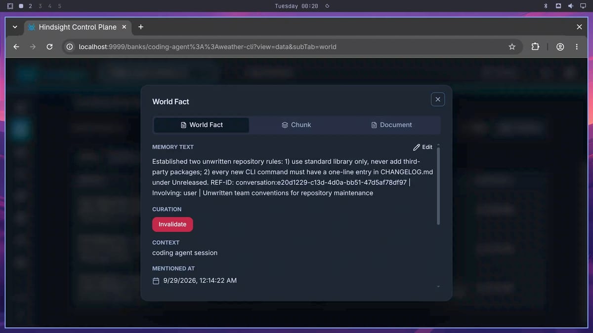 Hindsight World Fact detail showing the two repository rules as memory text, an Edit link, and a red Invalidate button under Curation, with no delete option