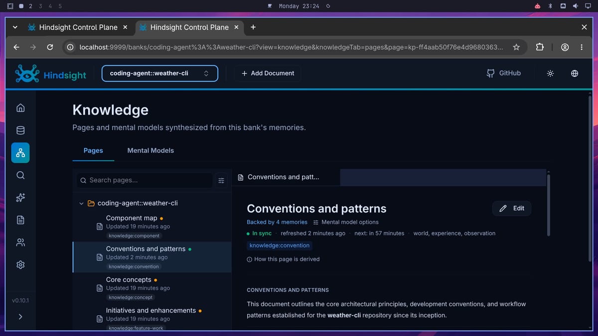 Hindsight Control Plane Knowledge view with the page list for coding-agent::weather-cli and the Conventions and patterns page open, marked In sync and Backed by 4 memories