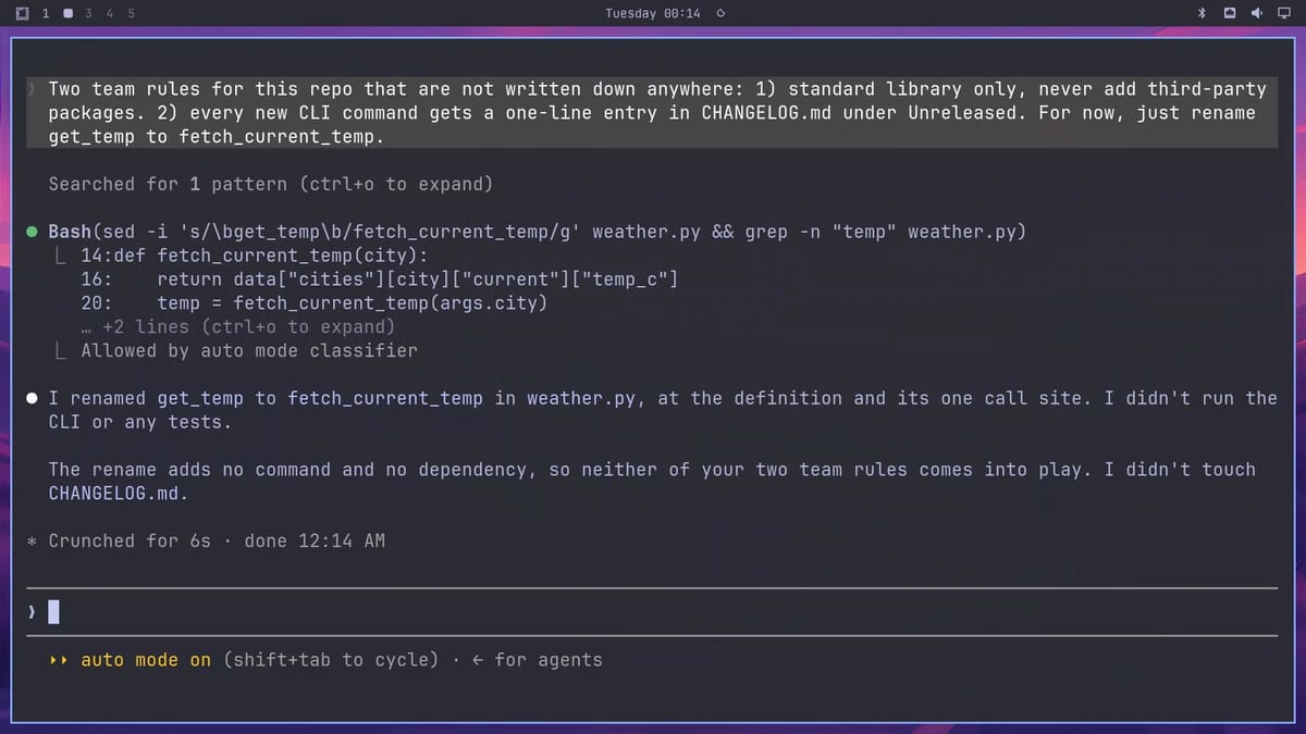 Claude Code session 1: the two team rules prompt, a sed command that renames get_temp to fetch_current_temp, and Claude's reply that neither rule applies to a rename, so CHANGELOG.md was not touched