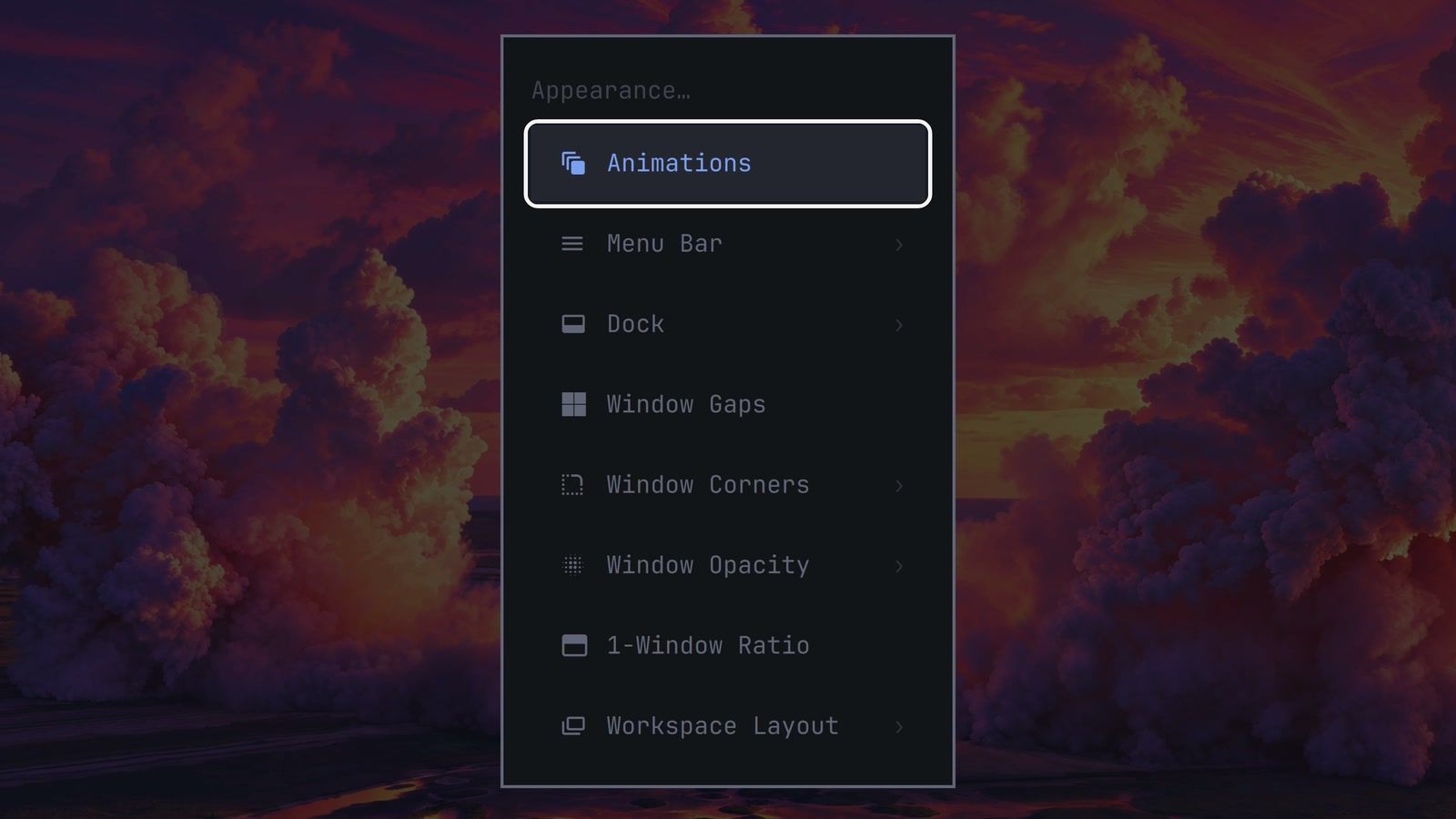 The Omarchy Appearance menu with Animations highlighted at the top, followed by Menu Bar, Dock, Window Gaps, Window Corners, Window Opacity, 1-Window Ratio, and Workspace Layout