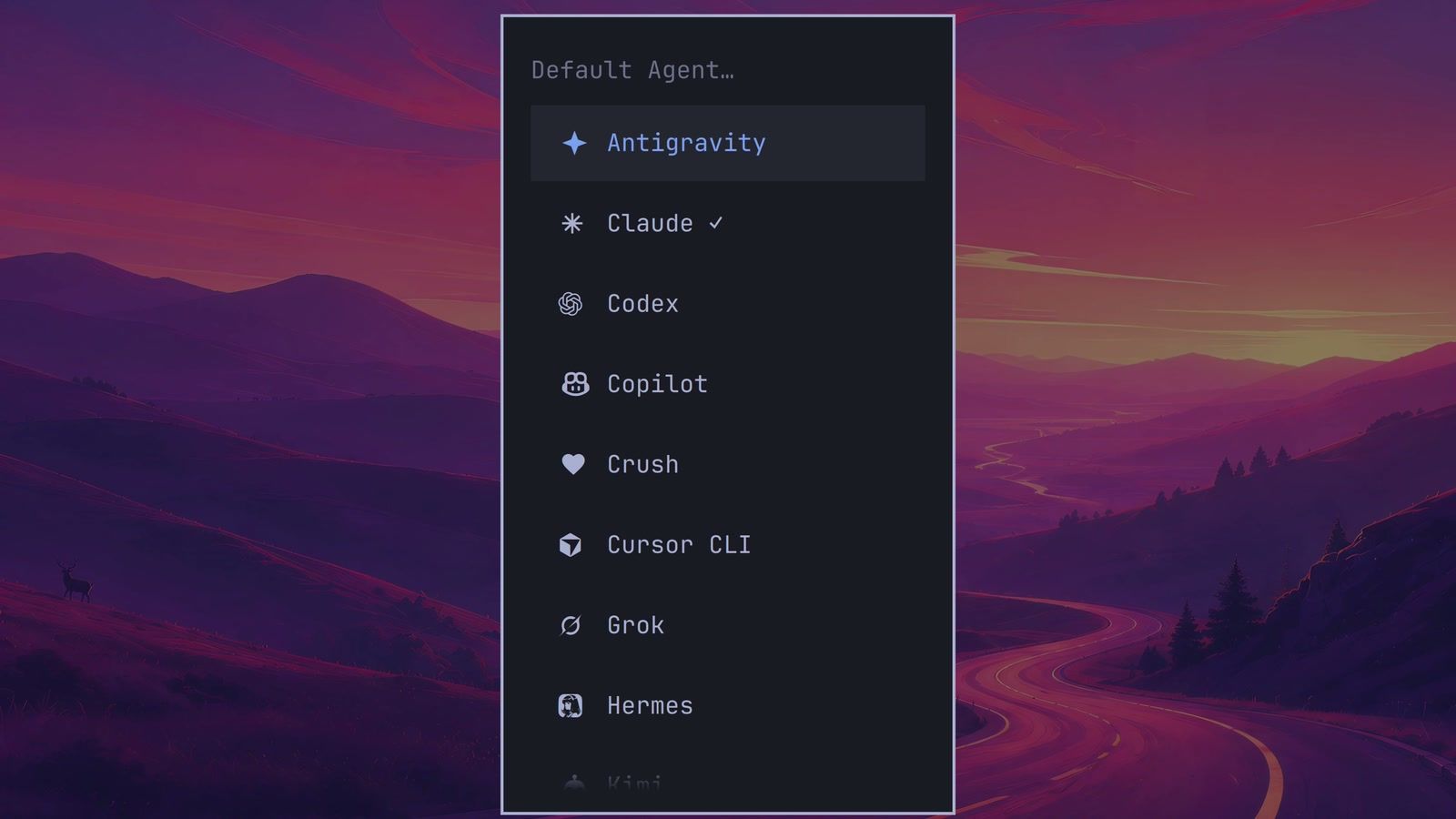 The Omarchy Default Agent list with Antigravity, Claude with a check mark, Codex, Copilot, Crush, Cursor CLI, Grok, and Hermes