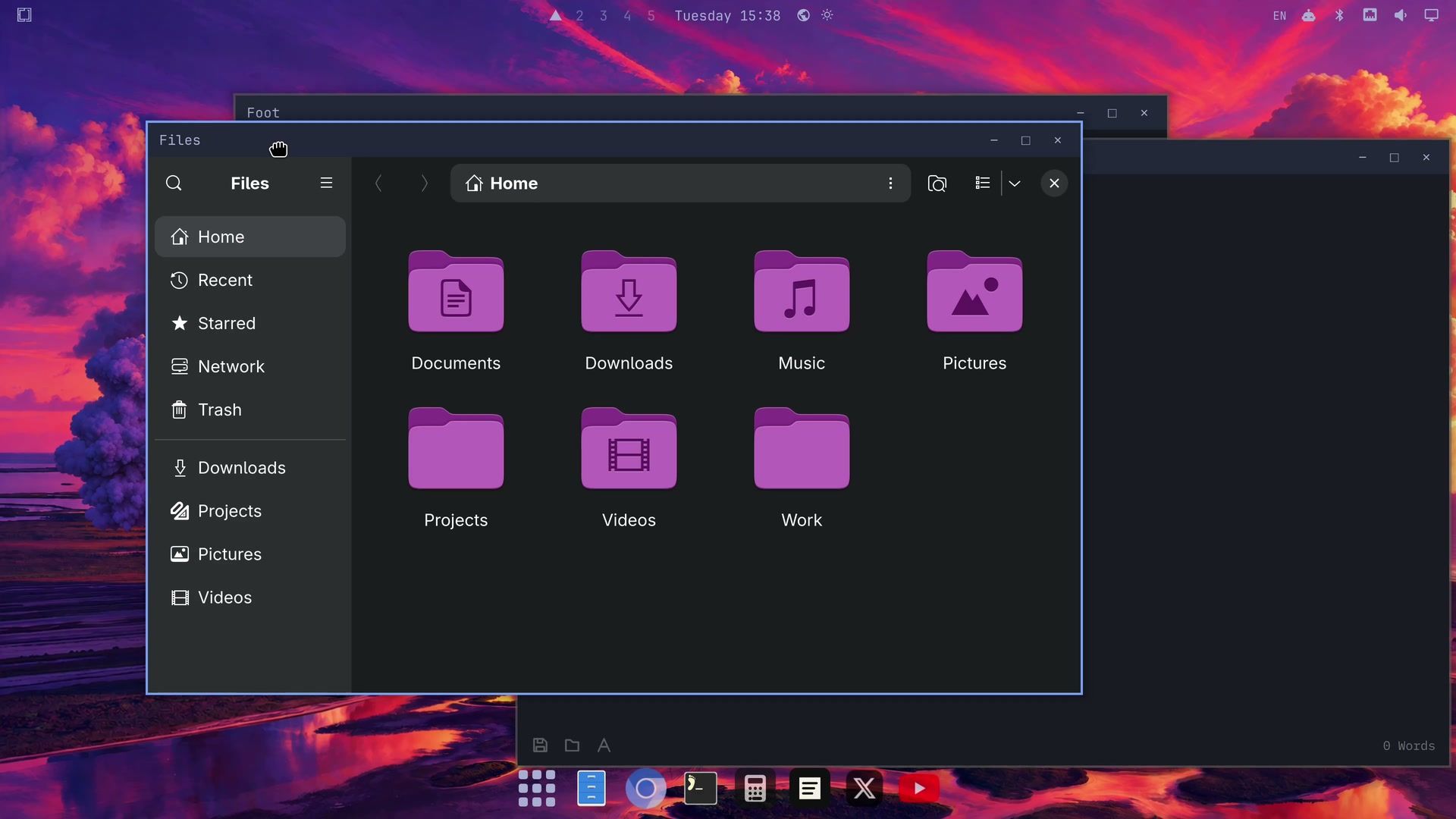 An Omarchy floating workspace with overlapping Foot, Files, and Omawrite windows, each with a titlebar and minimize, maximize, and close buttons, and the dock along the bottom of the screen
