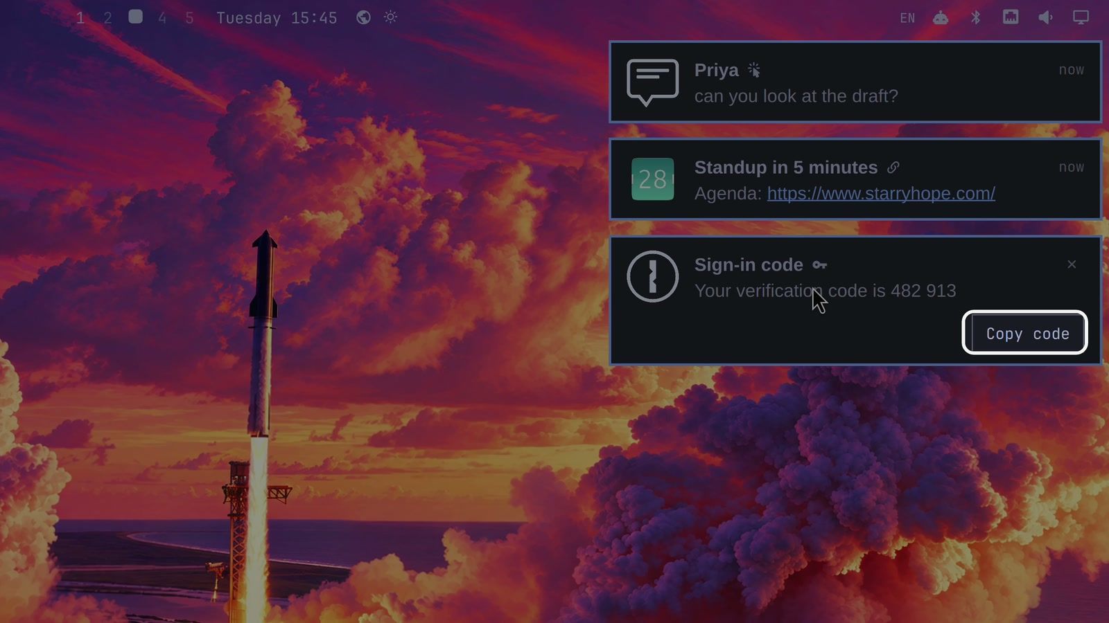 Three notification cards: a chat message from Priya, a calendar card with a link, and a sign-in code card showing a Copy code button
