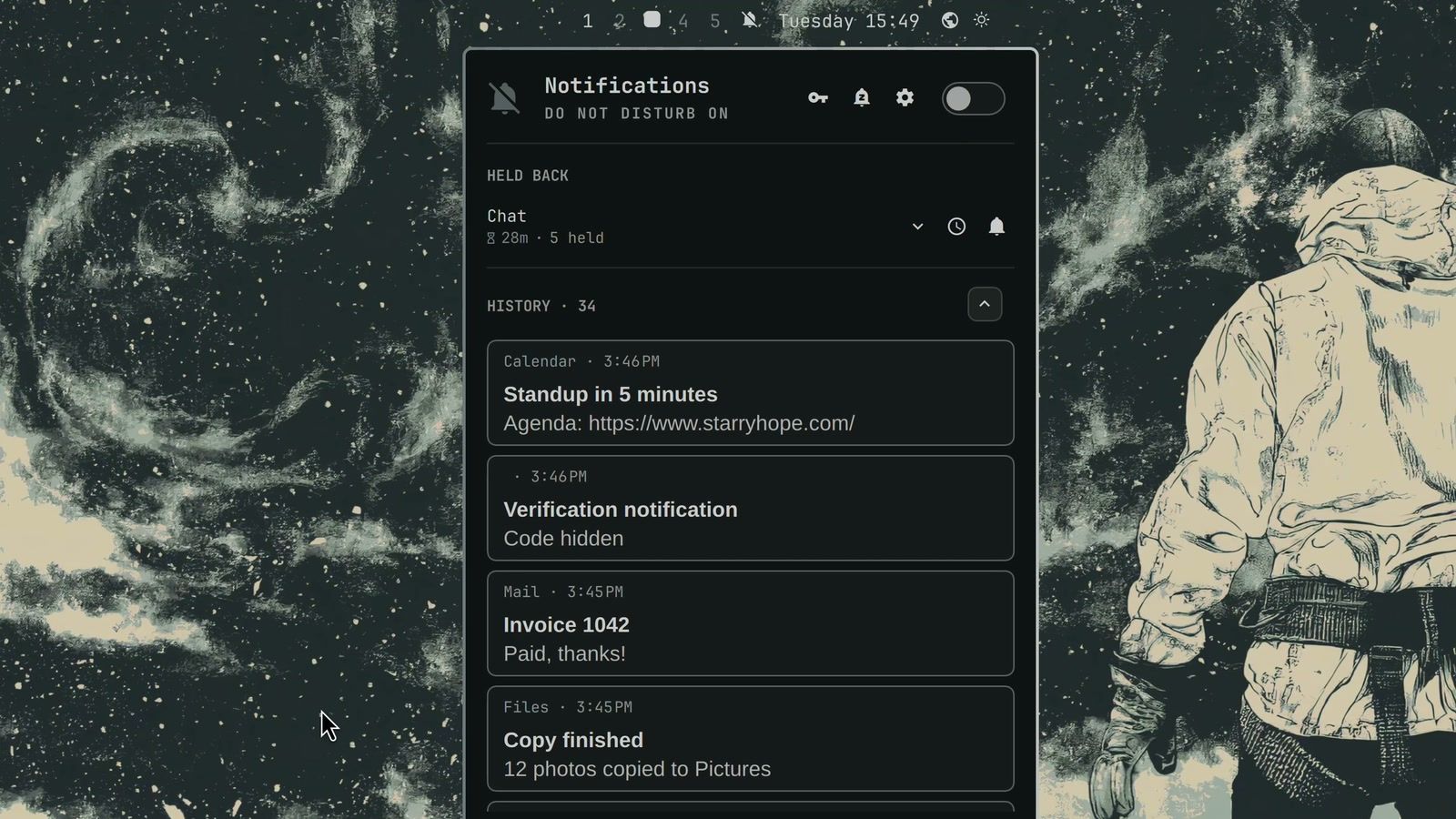 The Omarchy notifications panel with Do Not Disturb on and its switch turned off, a Held Back section for the Chat app, and a history list with a calendar reminder, a hidden verification code, a mail card, and a Files card