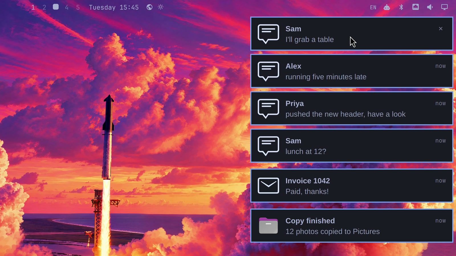 Omarchy notification cards in the top right corner: four chat messages from Sam, Alex, and Priya fanned out, then a mail card and a Files card that says 12 photos copied to Pictures