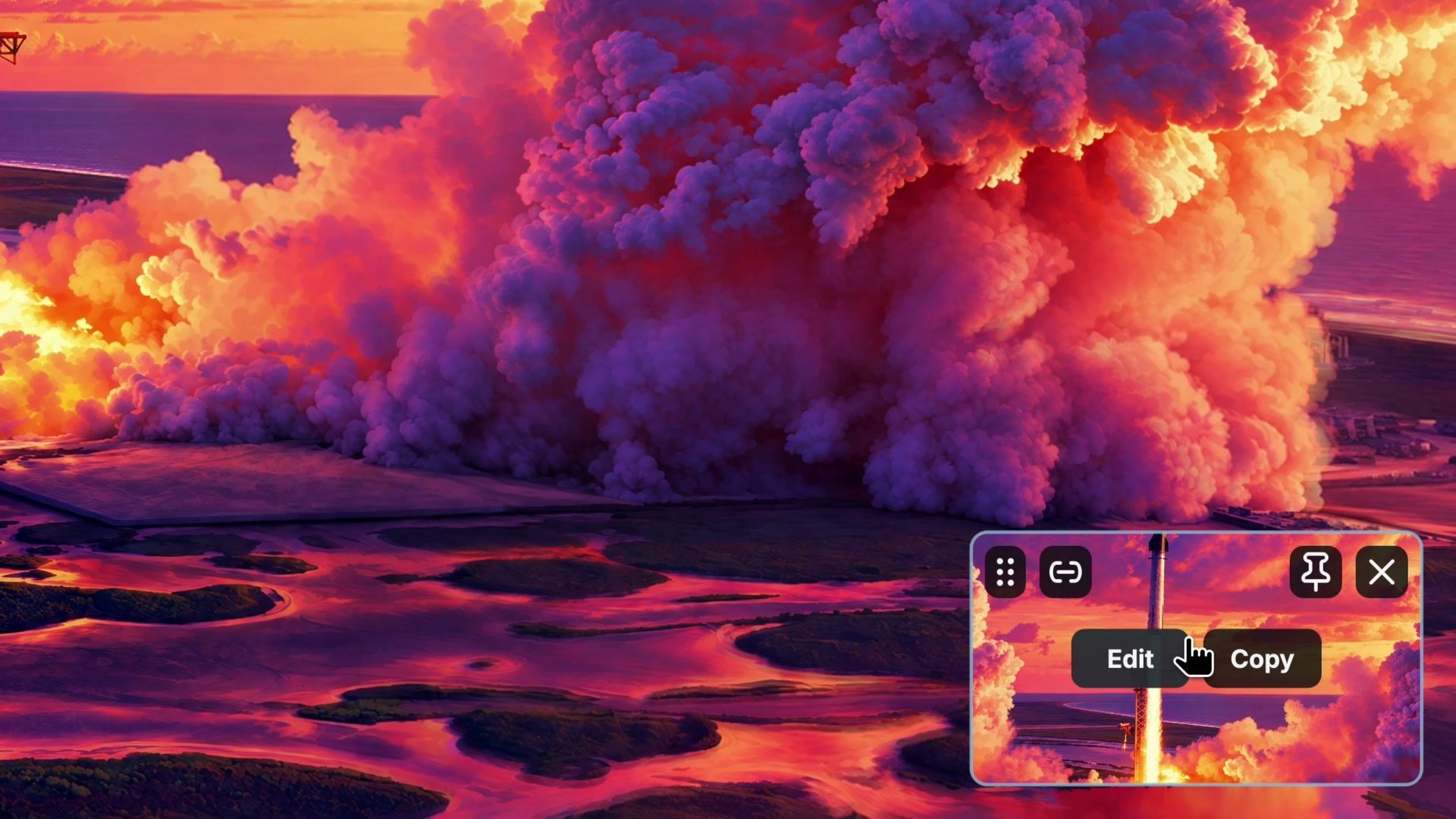 A screenshot preview card in the bottom right corner of the Omarchy desktop, with Edit and Copy buttons and small icons for a link, a pin, and close