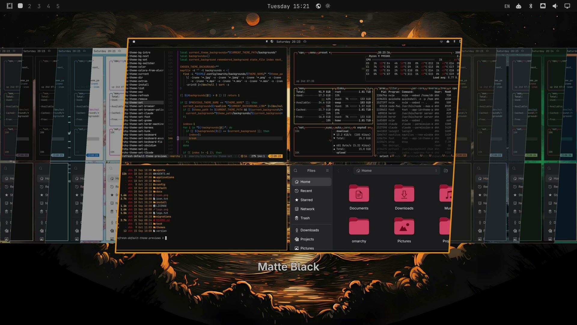 The Omarchy theme picker showing preview cards side by side, with Matte Black in the center and its name under the card