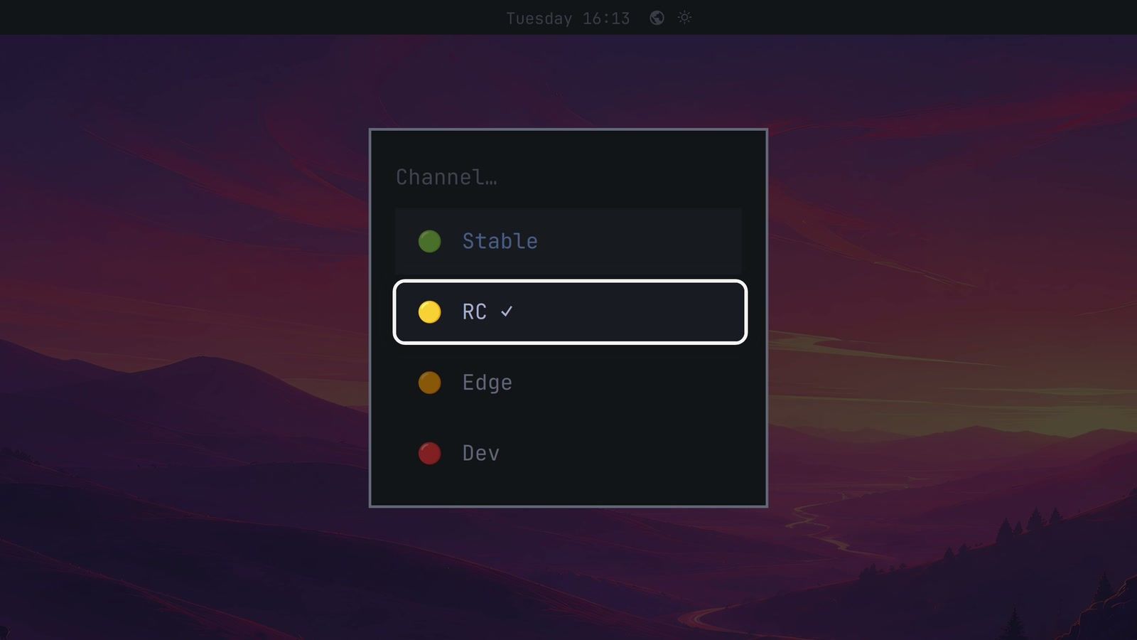 The Omarchy Channel menu listing Stable, RC with a check mark, Edge, and Dev, each with a colored dot