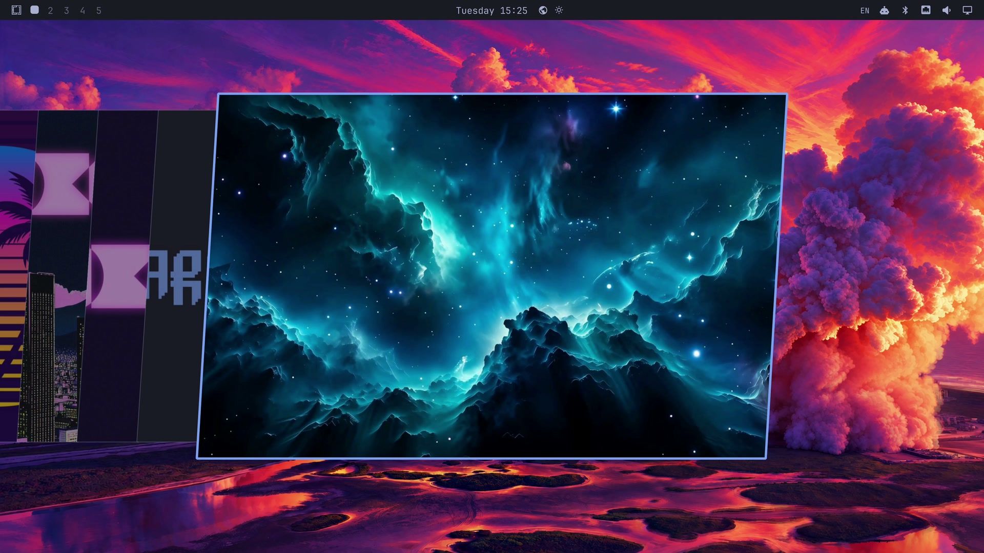 The Omarchy wallpaper picker with a nebula video selected as the center card, over the Liftoff rocket wallpaper