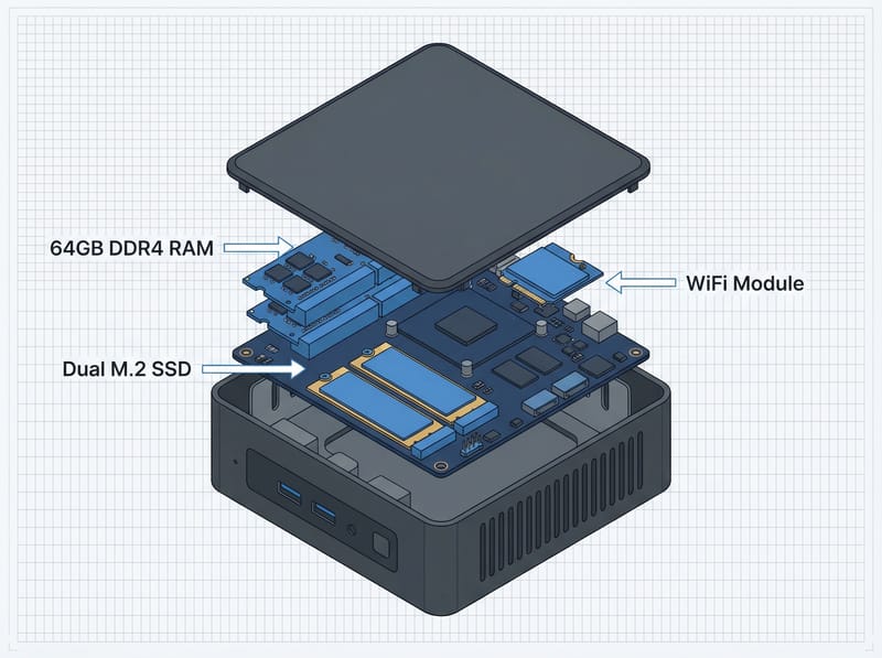 Technical diagram showing ACEMAGIC K1 internal layout with labeled upgrade slots for 64GB DDR4 RAM, dual M.2 SSD bays, and WiFi module